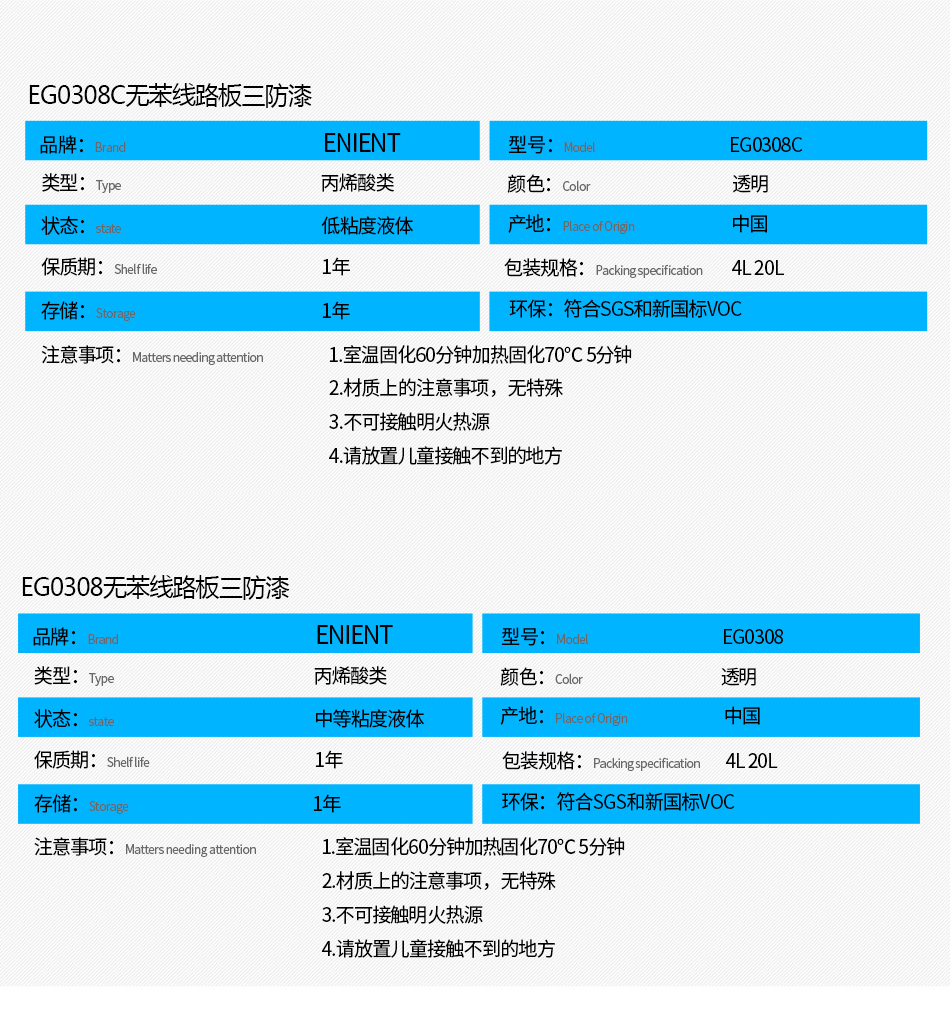 EG0308無(wú)苯線路板三防漆具有優(yōu)異的防水、防潮、防塵、絕緣性能，同時(shí)耐冷熱沖擊、耐老化、耐輻射、耐鹽霧、耐腐蝕、耐振動(dòng)、耐電弧，柔韌性、附著力等性能良好，帶熒光指示，可檢查噴涂是否到位。