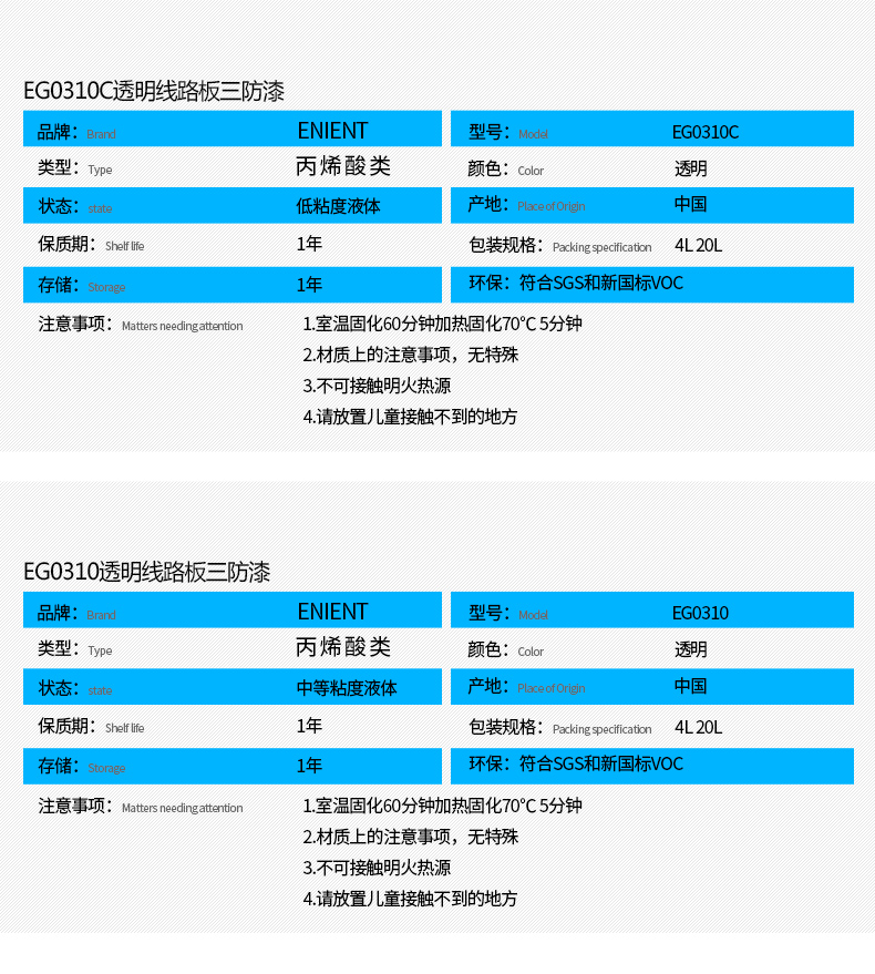 EG0310透明線路板三防漆具有優異的防水、防潮、防塵、絕緣性能，同時耐冷熱沖擊、耐老化、耐輻射、耐鹽霧、耐腐蝕、耐振動、耐電弧，柔韌性、附著力等性能良好，帶熒光指示，可檢查噴涂是否到位。