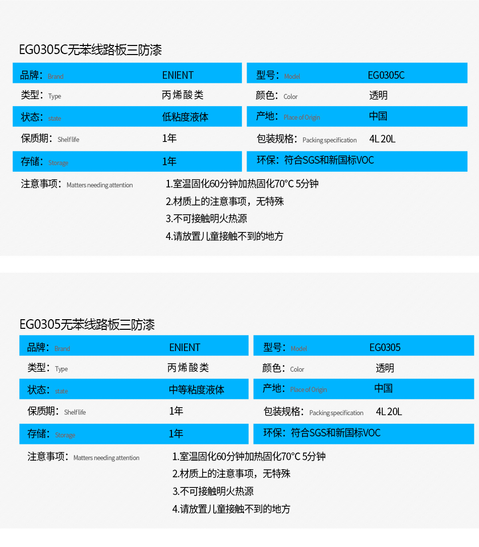 EG0305無苯線路板三防漆具有優異的防水、防潮、防塵、絕緣性能，同時耐冷熱沖擊、耐老化、耐輻射、耐鹽霧、耐腐蝕、耐振動、耐電弧，柔韌性、附著力等性能良好，帶熒光指示，可檢查噴涂是否到位。